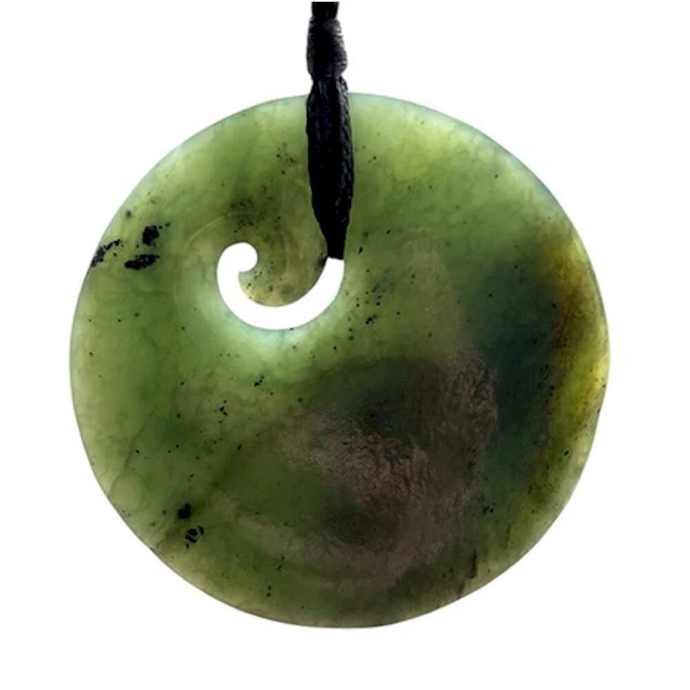 Maori Carved Jade Disk with Small Koru Pendant Nephrite Jade
